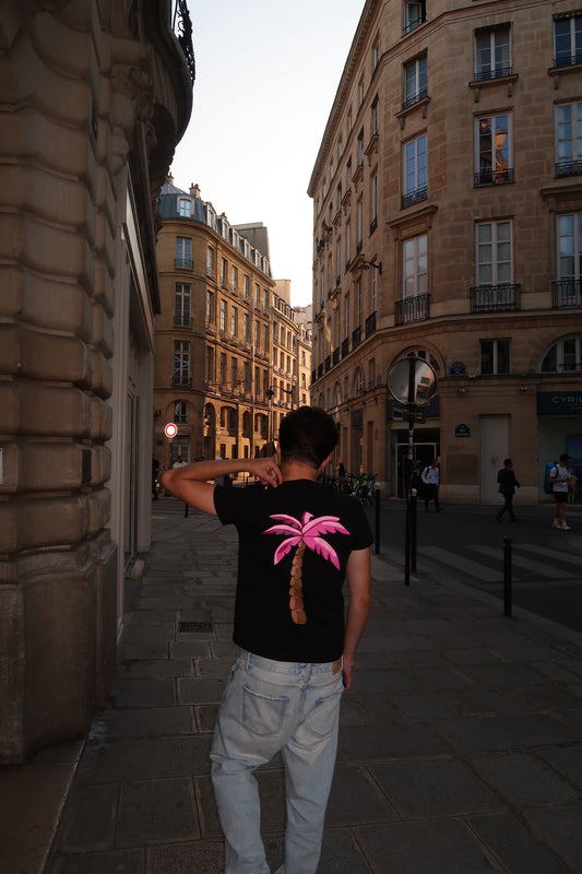 T-shirt Noir - Palmier Rose